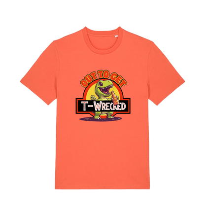 orange funny t-shirt with the graphic of a dinosuar drinking beer and the slogan 'out to get t-wrecked'
