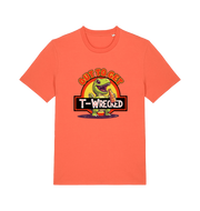 orange funny t-shirt with the graphic of a dinosuar drinking beer and the slogan 'out to get t-wrecked'