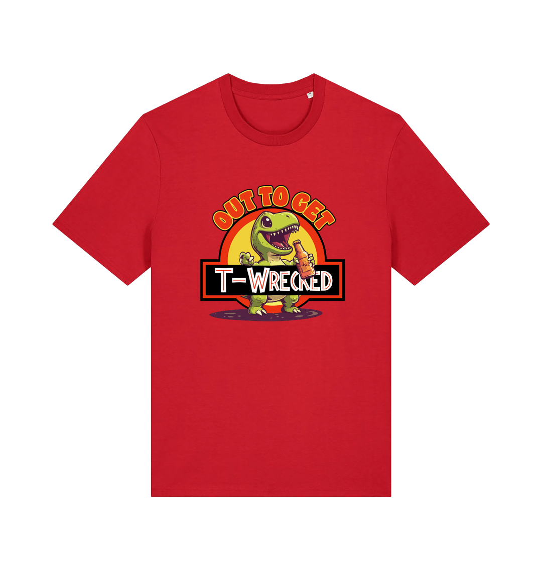 red funny t-shirt with the graphic of a dinosuar drinking beer and the slogan 'out to get t-wrecked'