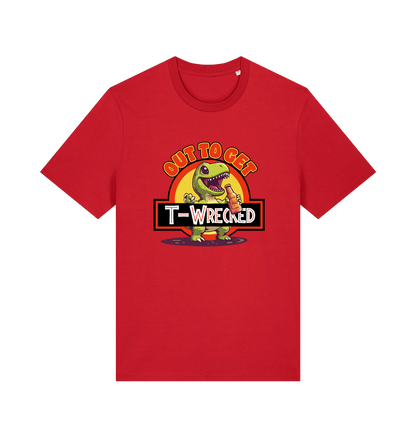 red funny t-shirt with the graphic of a dinosuar drinking beer and the slogan 'out to get t-wrecked'