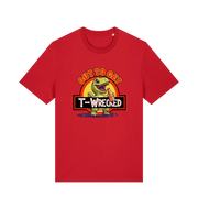 red funny t-shirt with the graphic of a dinosuar drinking beer and the slogan 'out to get t-wrecked'
