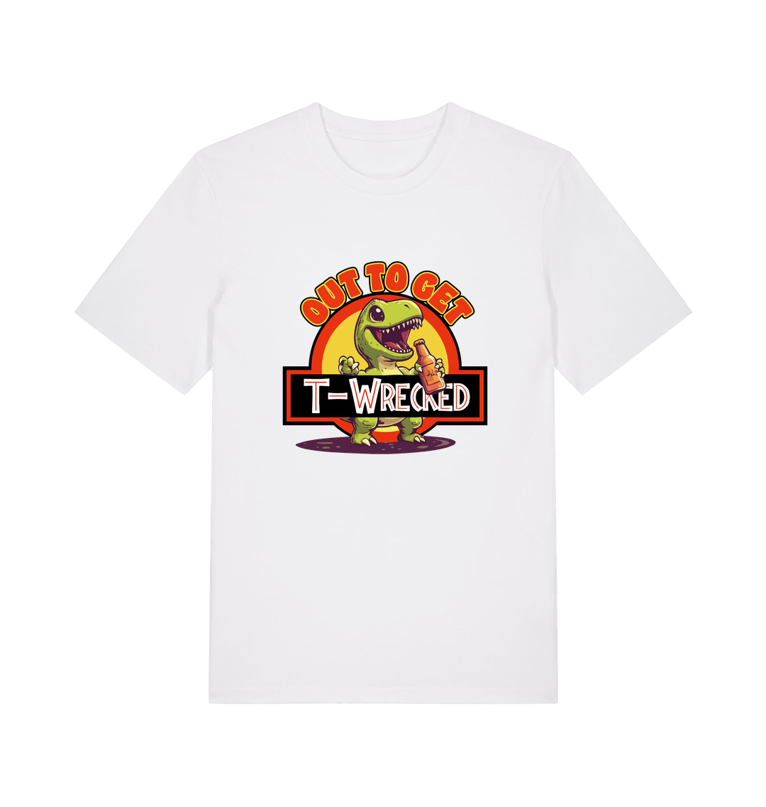 white funny t-shirt with the graphic of a dinosuar drinking beer and the slogan 'out to get t-wrecked'