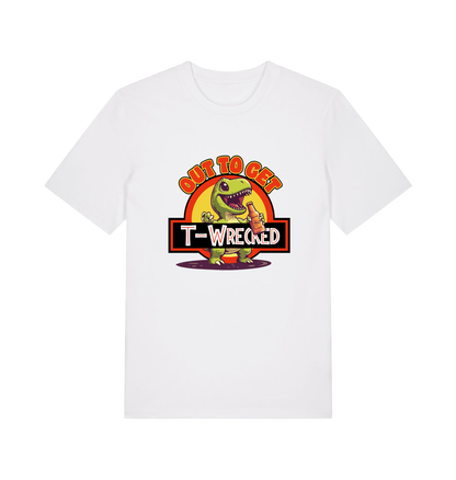 white funny t-shirt with the graphic of a dinosuar drinking beer and the slogan 'out to get t-wrecked'