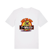 white funny t-shirt with the graphic of a dinosuar drinking beer and the slogan 'out to get t-wrecked'