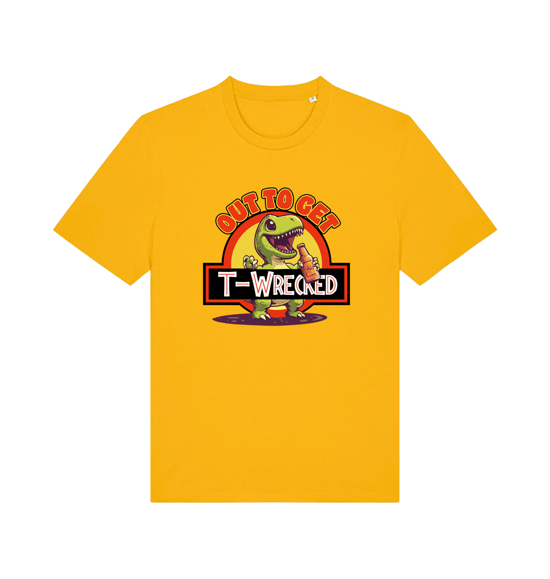 yellow funny t-shirt with the graphic of a dinosuar drinking beer and the slogan 'out to get t-wrecked'