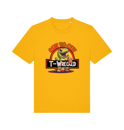 yellow funny t-shirt with the graphic of a dinosuar drinking beer and the slogan 'out to get t-wrecked'