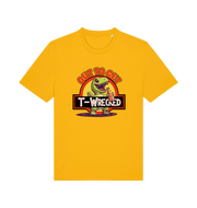 yellow funny t-shirt with the graphic of a dinosuar drinking beer and the slogan 'out to get t-wrecked'