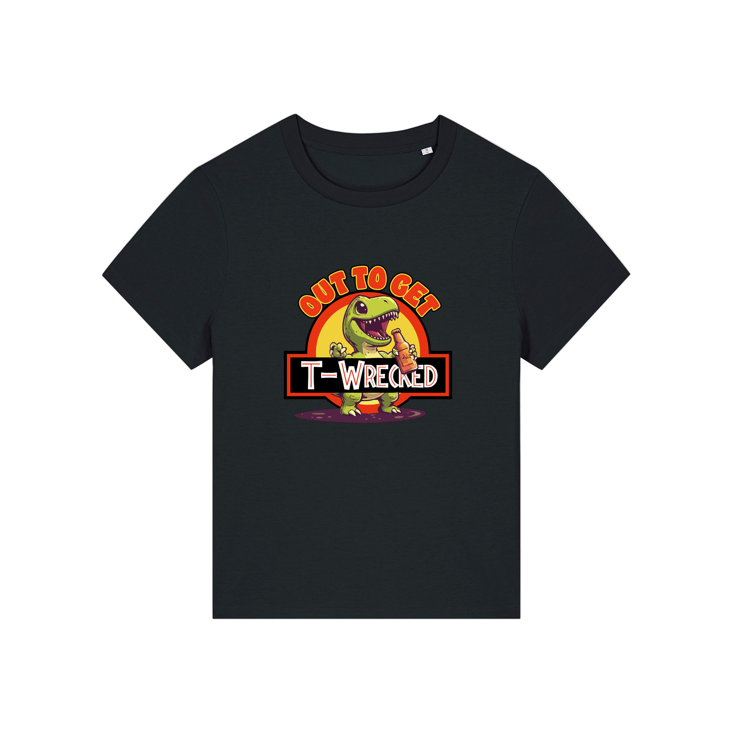black funny graphic t-shirt with a dinosaur drinking a beer and the slogan 'out to get t-wrecked'