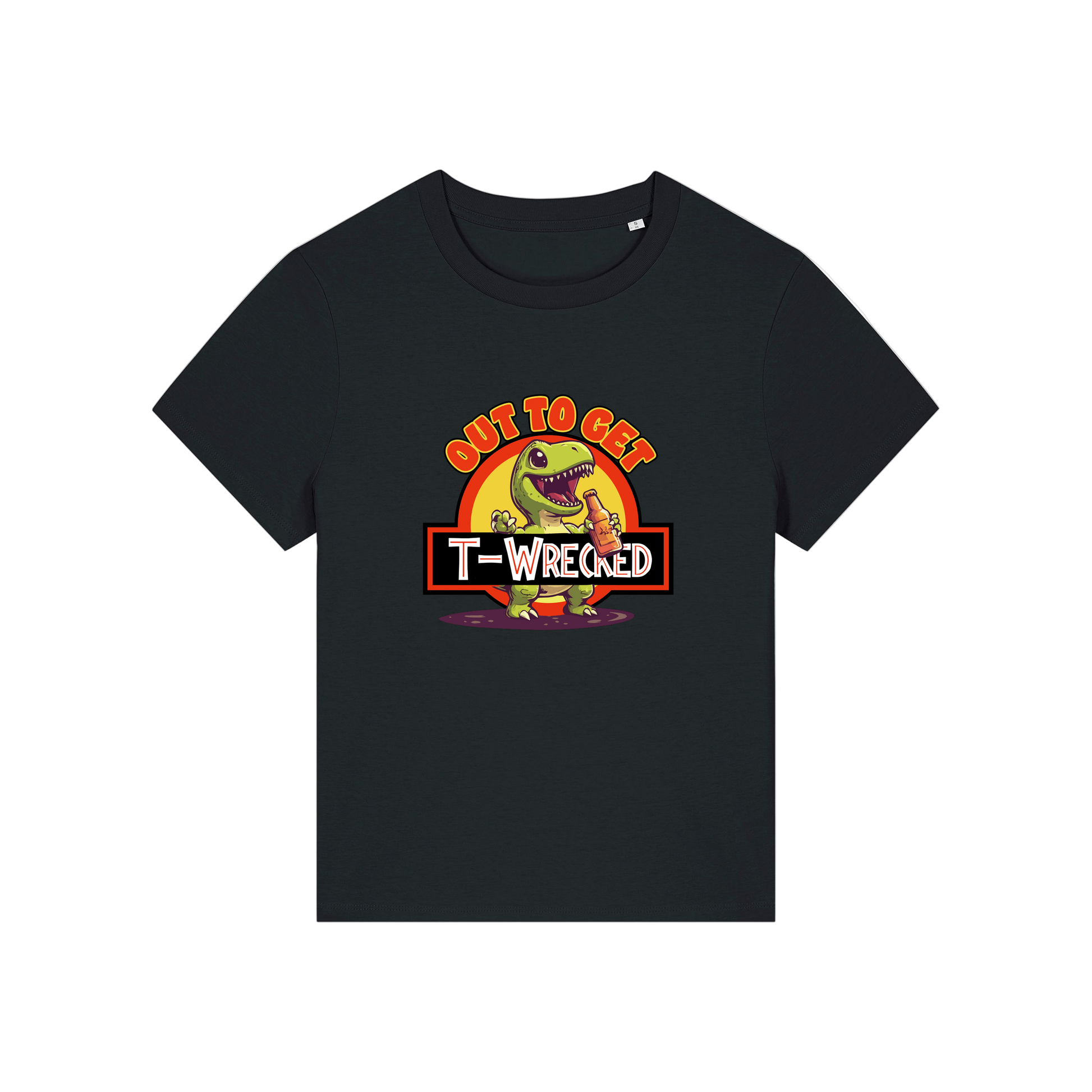 black funny graphic t-shirt with a dinosaur drinking a beer and the slogan 'out to get t-wrecked'