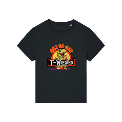 black funny graphic t-shirt with a dinosaur drinking a beer and the slogan 'out to get t-wrecked'