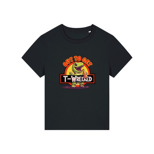 black funny graphic t-shirt with a dinosaur drinking a beer and the slogan 'out to get t-wrecked'