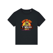 black funny graphic t-shirt with a dinosaur drinking a beer and the slogan 'out to get t-wrecked'