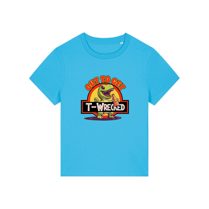 blue funny graphic t-shirt with a dinosaur drinking a beer and the slogan 'out to get t-wrecked'