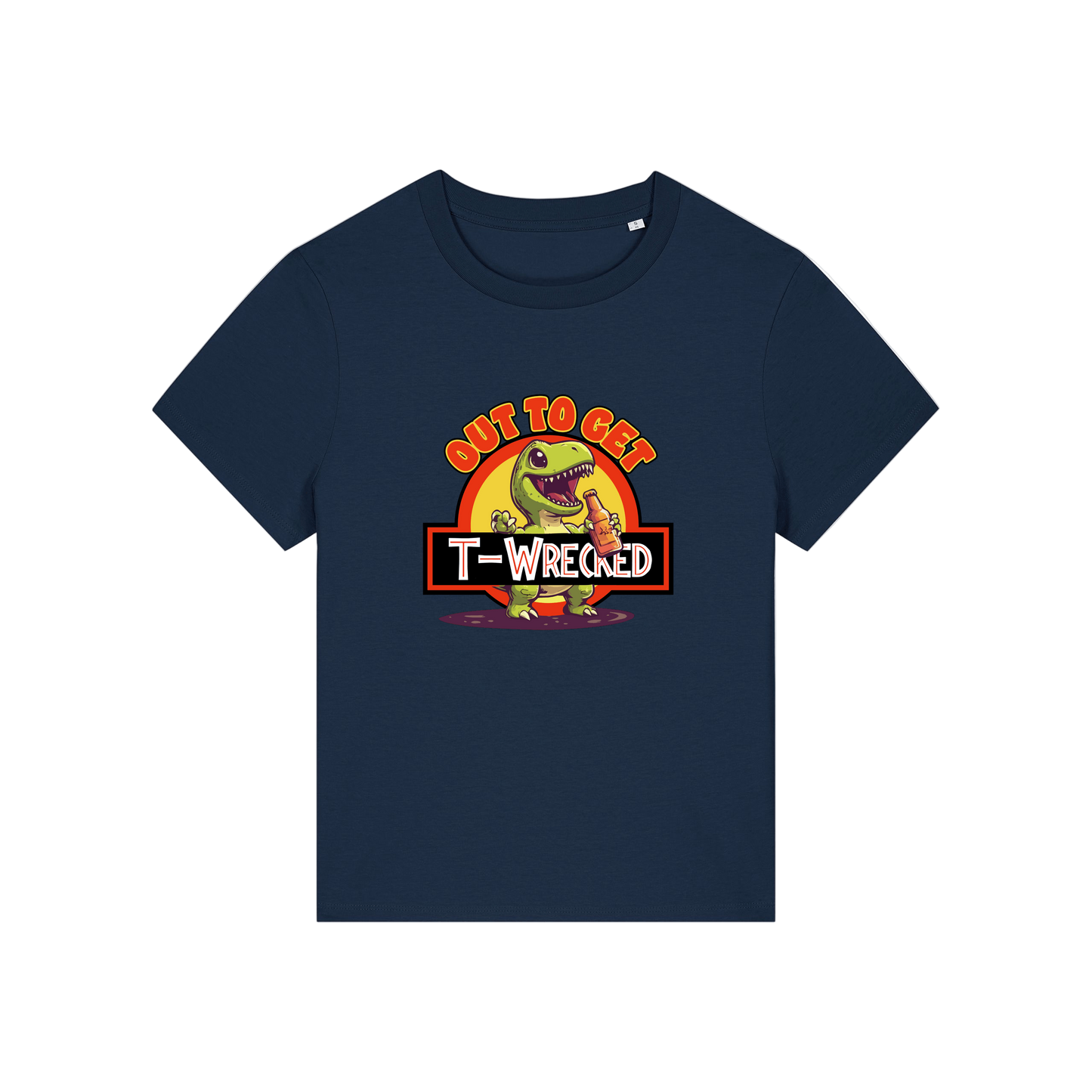 navy funny graphic t-shirt with a dinosaur drinking a beer and the slogan 'out to get t-wrecked'