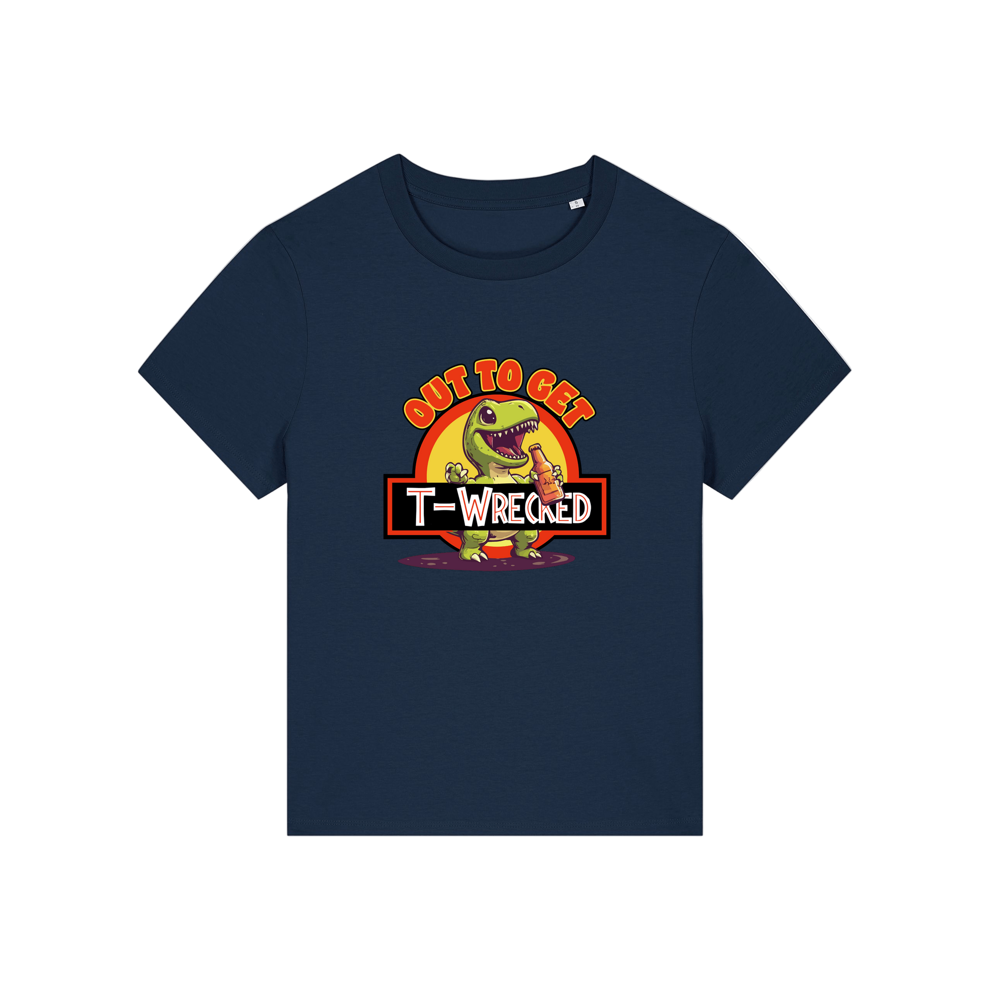 navy funny graphic t-shirt with a dinosaur drinking a beer and the slogan 'out to get t-wrecked'
