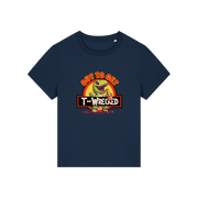 navy funny graphic t-shirt with a dinosaur drinking a beer and the slogan 'out to get t-wrecked'