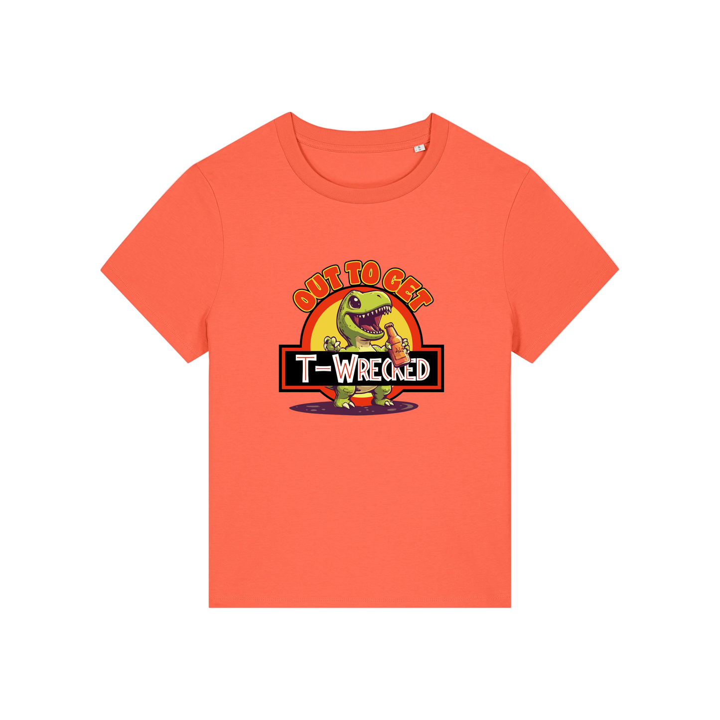 orange funny graphic t-shirt with a dinosaur drinking a beer and the slogan 'out to get t-wrecked'
