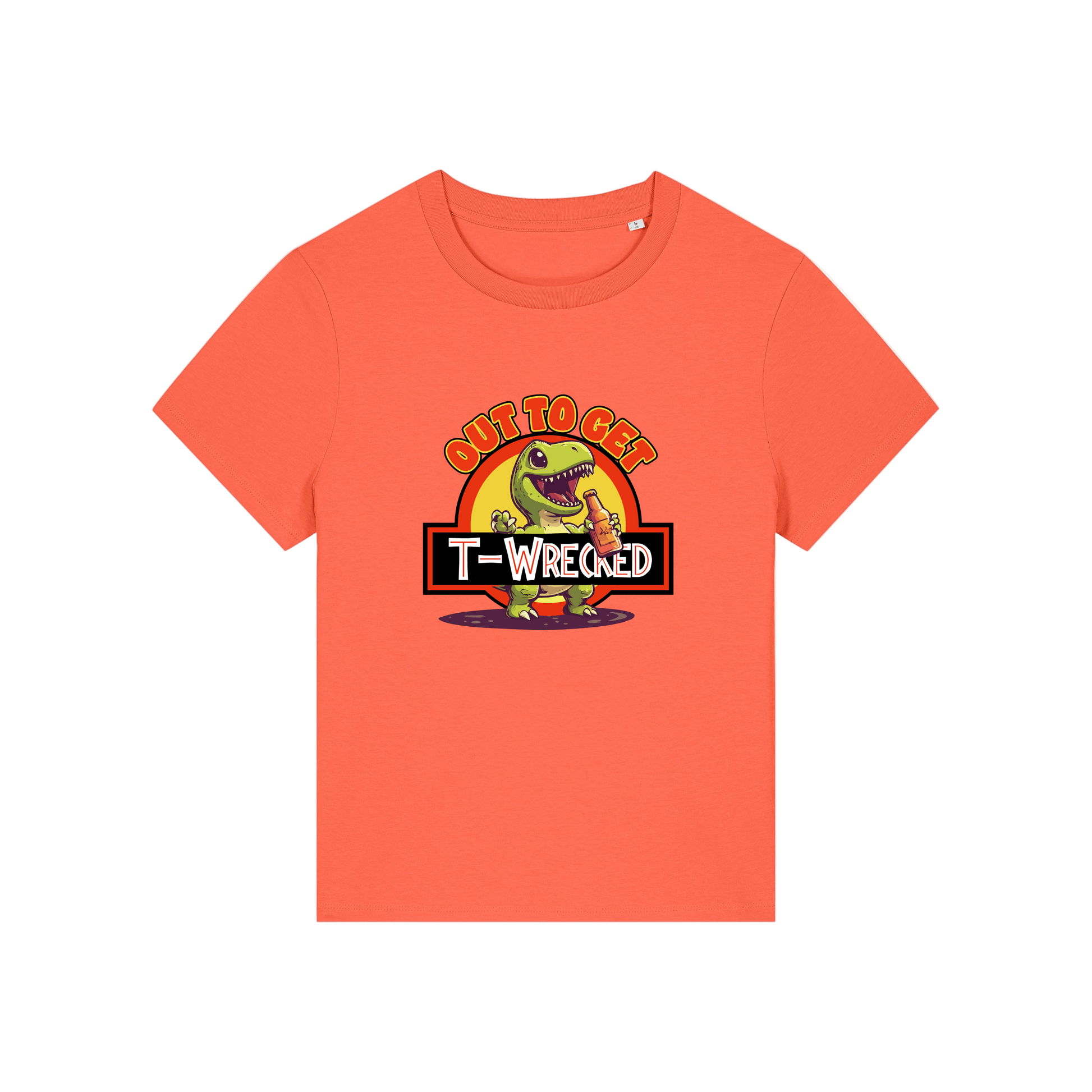 orange funny graphic t-shirt with a dinosaur drinking a beer and the slogan 'out to get t-wrecked'