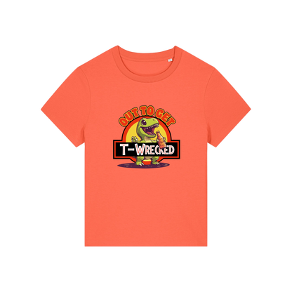 orange funny graphic t-shirt with a dinosaur drinking a beer and the slogan 'out to get t-wrecked'