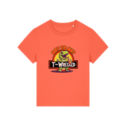 orange funny graphic t-shirt with a dinosaur drinking a beer and the slogan 'out to get t-wrecked'