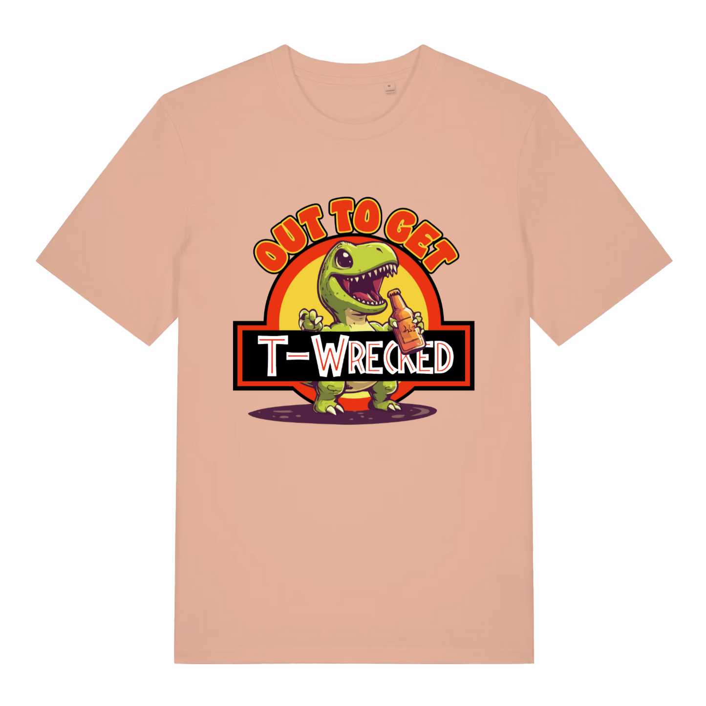 peach women's graphic t-shirt with a dinosaur design and the slogan 'out to get t-wrecked'
