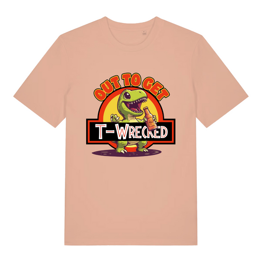 peach women's graphic t-shirt with a dinosaur design and the slogan 'out to get t-wrecked'