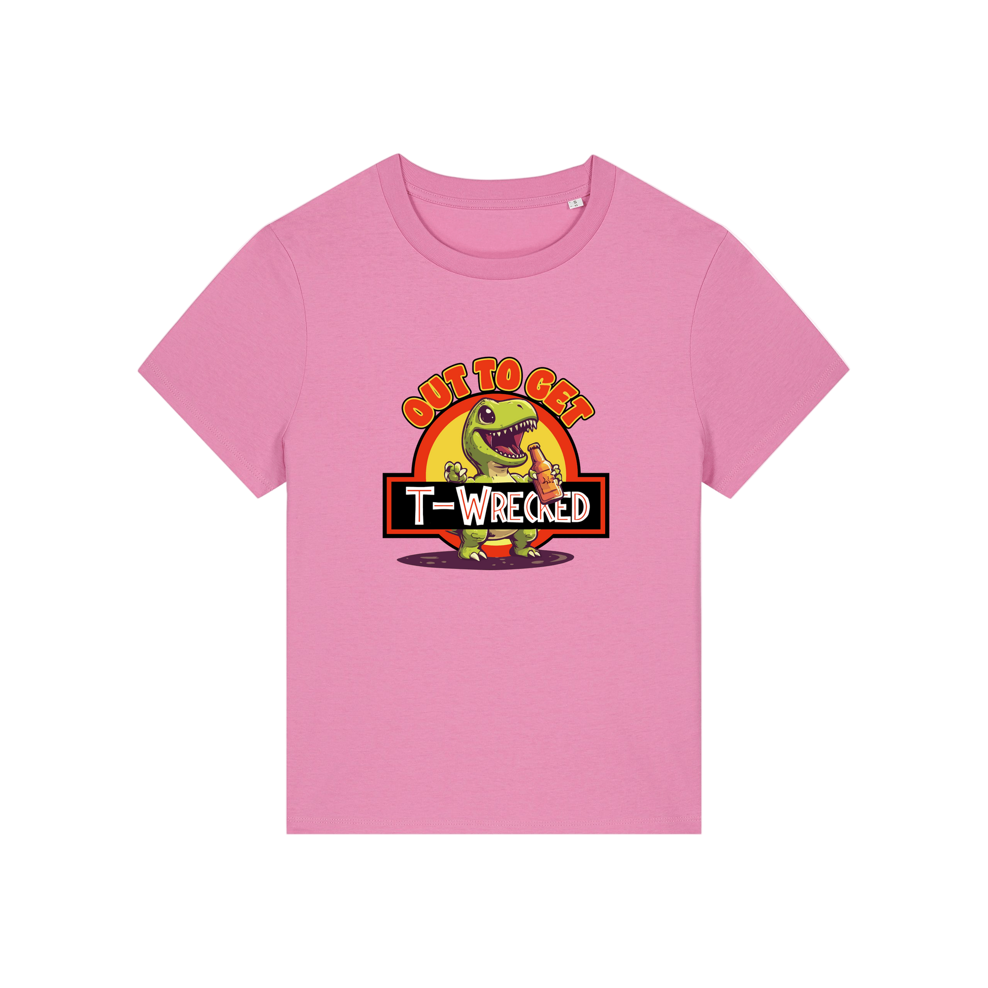 pink funny graphic t-shirt with a dinosaur drinking a beer and the slogan 'out to get t-wrecked'