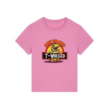 pink funny graphic t-shirt with a dinosaur drinking a beer and the slogan 'out to get t-wrecked'