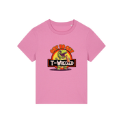 pink funny graphic t-shirt with a dinosaur drinking a beer and the slogan 'out to get t-wrecked'