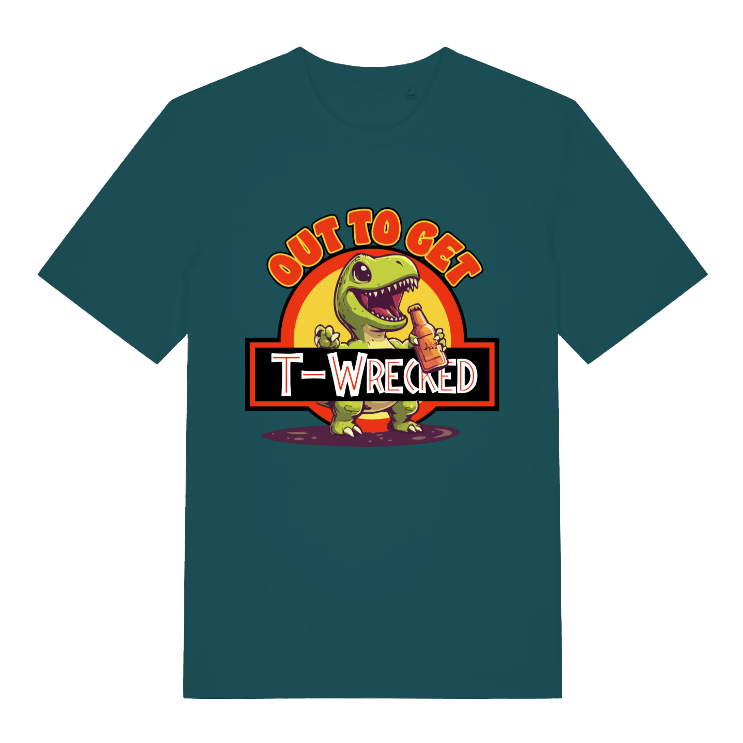 teal women's graphic t-shirt with a dinosaur design and the slogan 'out to get t-wrecked'