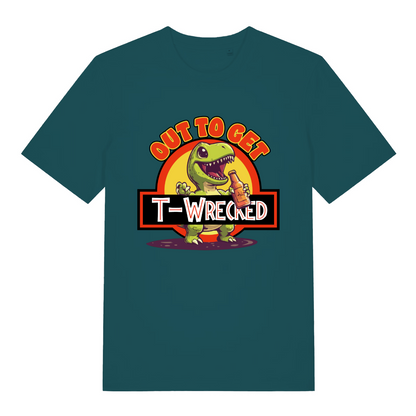 teal women's graphic t-shirt with a dinosaur design and the slogan 'out to get t-wrecked'