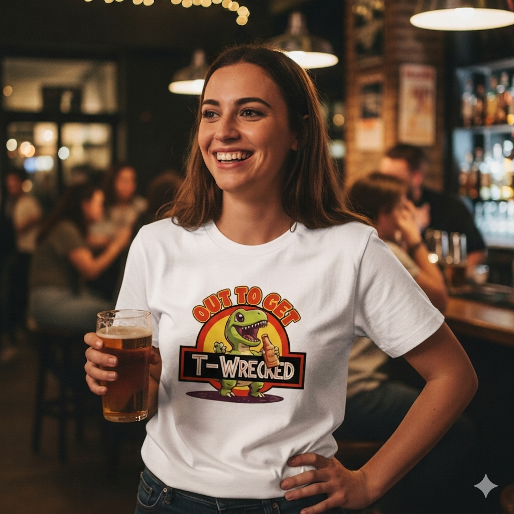 Woman in a bar wearing a t-shirt with a dinosaur graphic and text, holding a beer.