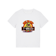 white funny graphic t-shirt with a dinosaur drinking a beer and the slogan 'out to get t-wrecked'