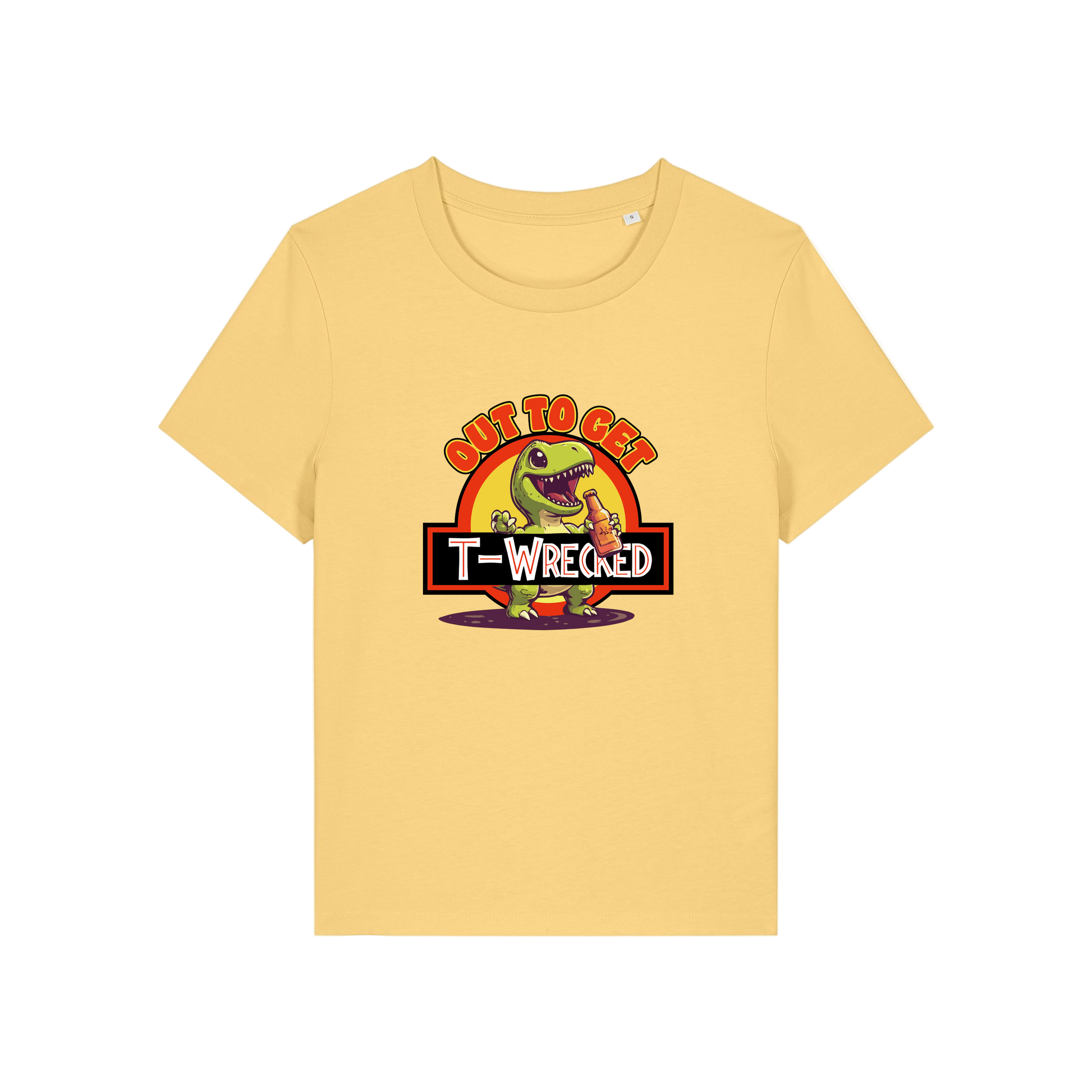 yellow funny graphic t-shirt with a dinosaur drinking a beer and the slogan 'out to get t-wrecked'