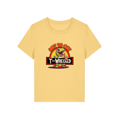 yellow funny graphic t-shirt with a dinosaur drinking a beer and the slogan 'out to get t-wrecked'