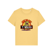 yellow funny graphic t-shirt with a dinosaur drinking a beer and the slogan 'out to get t-wrecked'