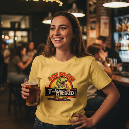 Woman in a bar wearing a yellow t-shirt with a graphic design, holding a beer.