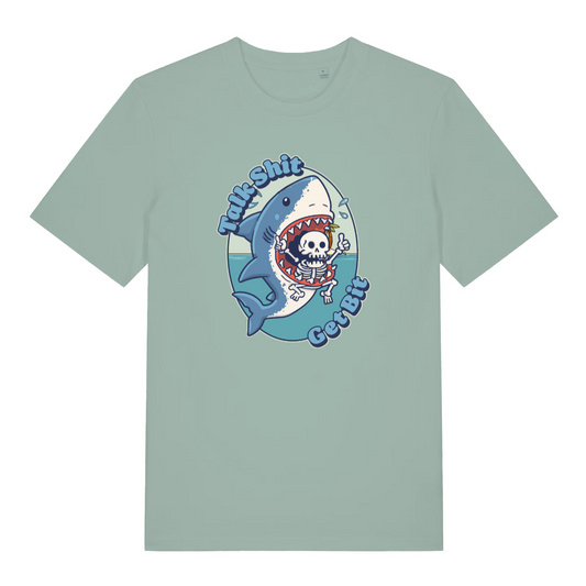 light green funny animal t-shirt with the graphic of a shark and the slogan 'talk shit get bit'