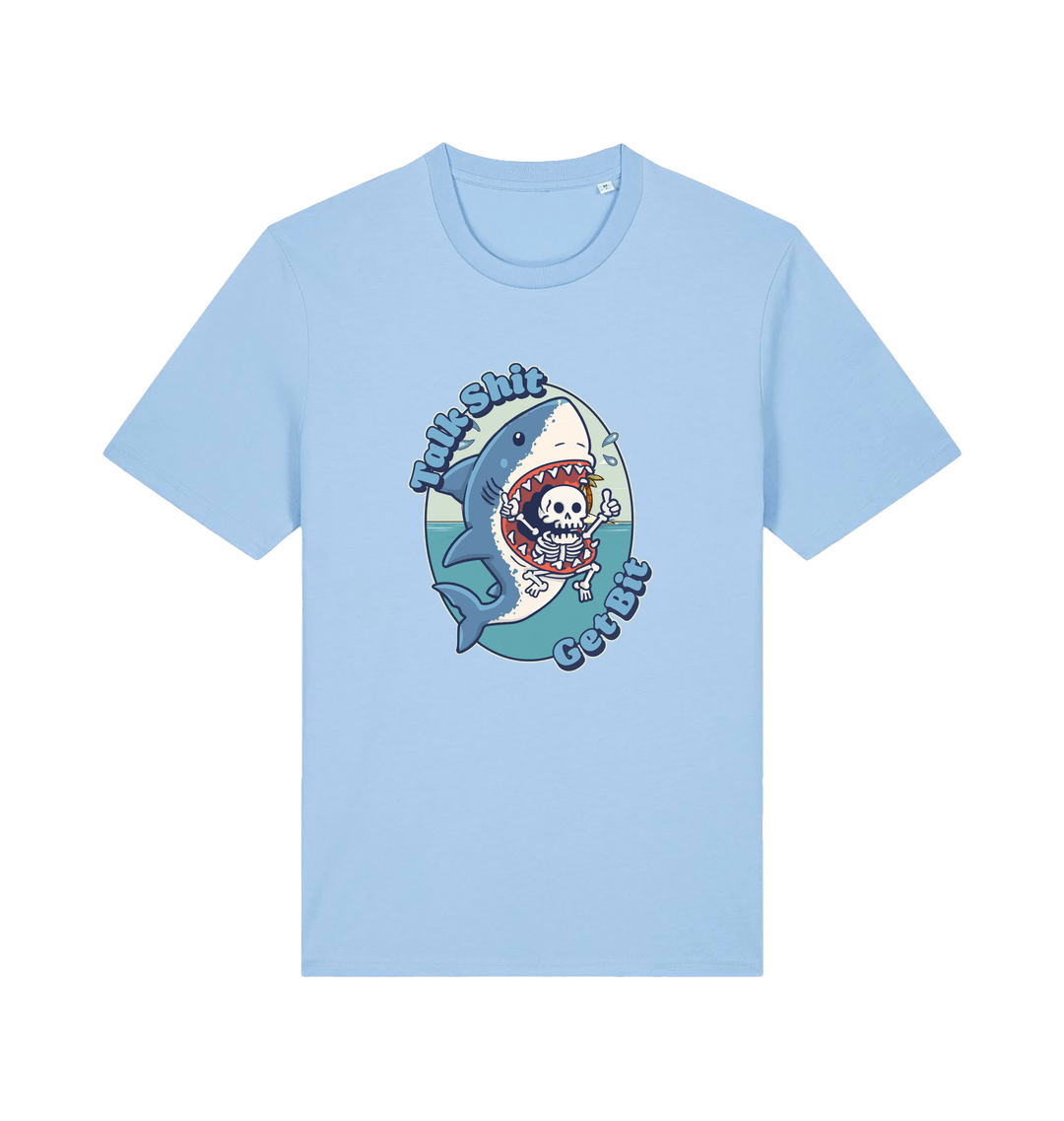 light blue shark t-shirt with the graphic of a skeleton in a sharks mouth and the slogan 'talk shit get bit'