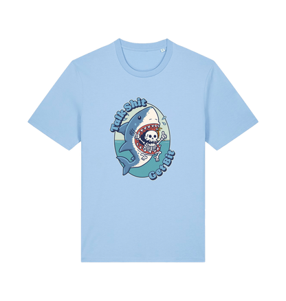 light blue shark t-shirt with the graphic of a skeleton in a sharks mouth and the slogan 'talk shit get bit'