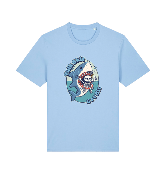 light blue shark t-shirt with the graphic of a skeleton in a sharks mouth and the slogan 'talk shit get bit'