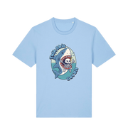 light blue shark t-shirt with the graphic of a skeleton in a sharks mouth and the slogan 'talk shit get bit'