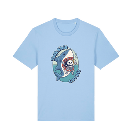 light blue shark t-shirt with the graphic of a skeleton in a sharks mouth and the slogan 'talk shit get bit'