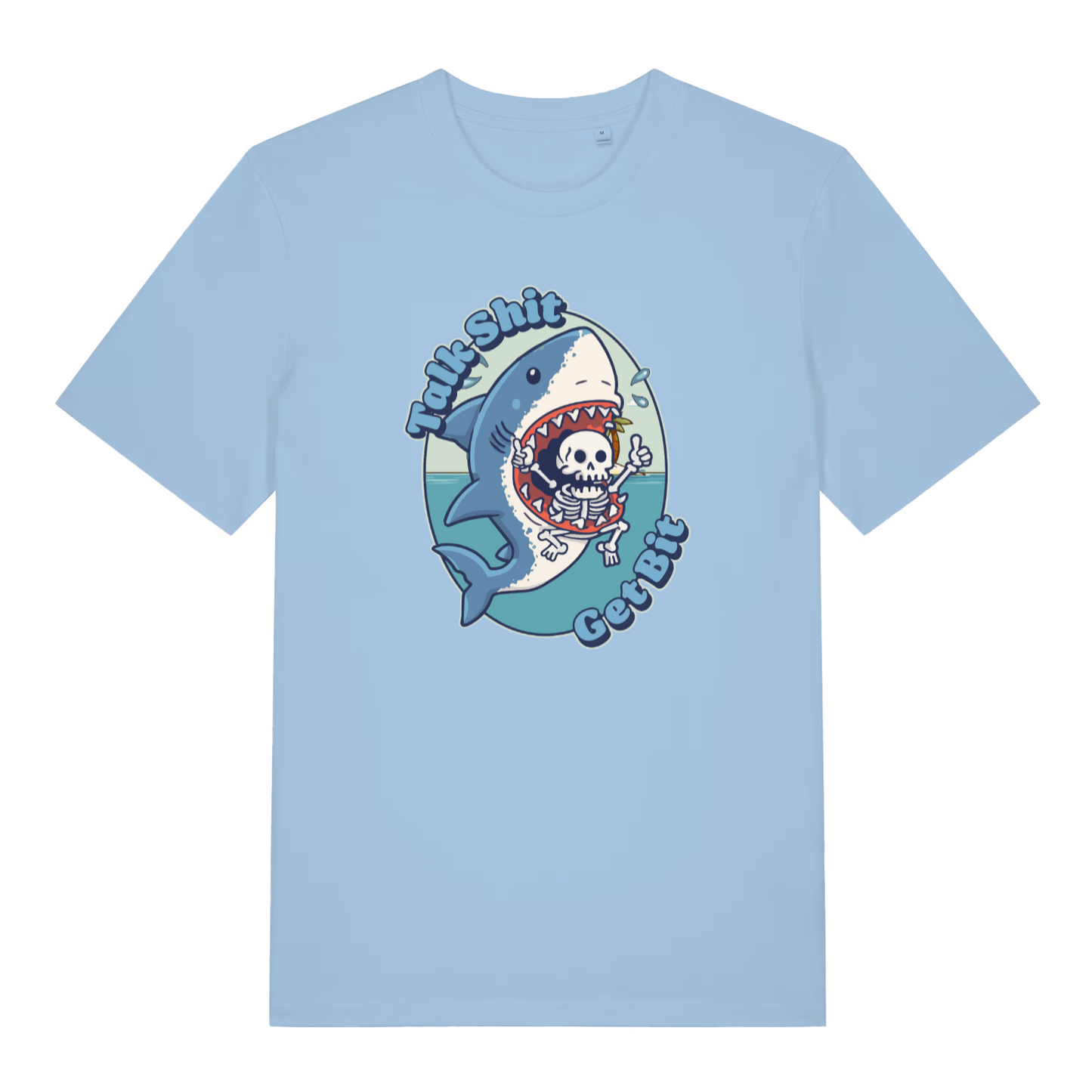 light blue funny animal t-shirt with the graphic of a shark and the slogan 'talk shit get bit'