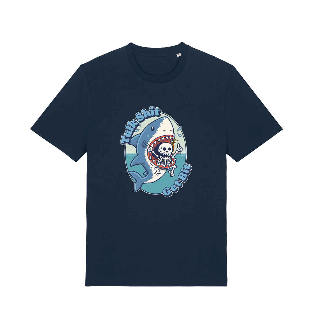 navy shark t-shirt with the graphic of a skeleton in a sharks mouth and the slogan 'talk shit get bit'