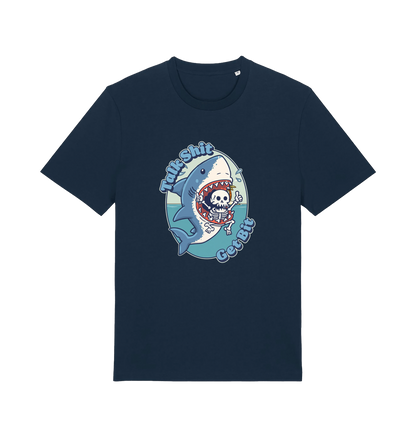 navy shark t-shirt with the graphic of a skeleton in a sharks mouth and the slogan 'talk shit get bit'
