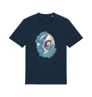 navy shark t-shirt with the graphic of a skeleton in a sharks mouth and the slogan 'talk shit get bit'