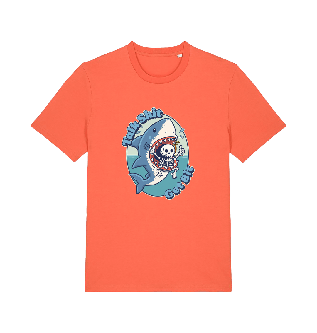 orange shark t-shirt with the graphic of a skeleton in a sharks mouth and the slogan 'talk shit get bit'