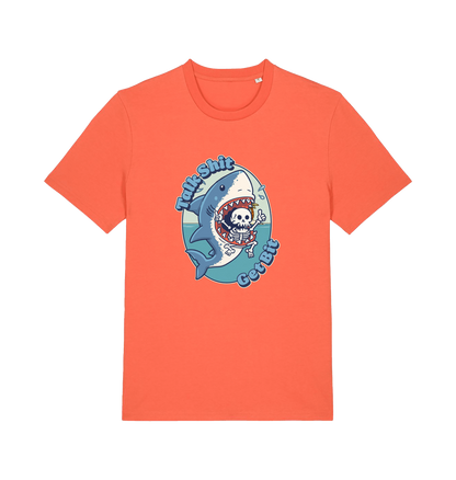 orange shark t-shirt with the graphic of a skeleton in a sharks mouth and the slogan 'talk shit get bit'