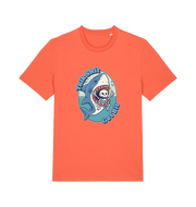 orange shark t-shirt with the graphic of a skeleton in a sharks mouth and the slogan 'talk shit get bit'